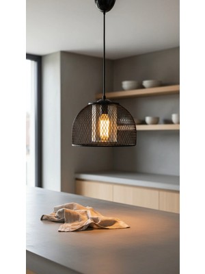 Decodelight Siyah Hasır Yarım Küre Tel Model Metal Bal Renk Camlı Tekli Sarkıt Avize Aydınlatma