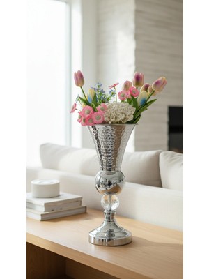 Decodelight Krom Dekoratif Desenli Metal Ayak Kristal Taş 20 cm Çapında Salon Düğün Nişan Vazo Masa Dekor