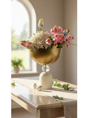 Decodelight Krem Eskitme Yimpi Dekoratif Boyalı Metal Ayak Kristal Taşlı 25CM Salon Düğün Nişan Vazo Masa Dekor