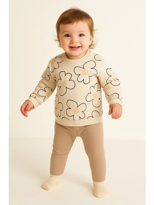 Dinamik çocuk Kız Bebek Büyük Çiçek Desenli 2’li Takım Sweatshirt ve Fitilli Tayt- 3-6-9-12AY