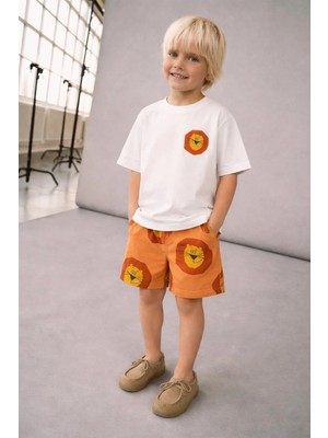 Monila Erkek Çocuk Pamuklu Ekru Aslan Baskılı T-Shirt ve Şort Alt Üst Takım