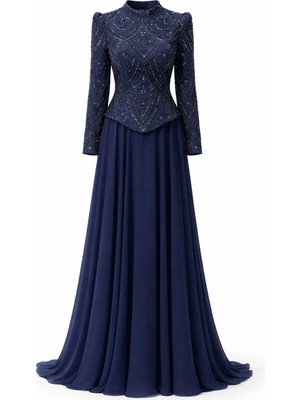 Olcay Boncuk ve Pul Desenli Şifon Kombinli Exclusive Tesettür Abiye Elbise Lacivert 1073