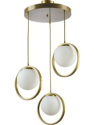 Fer Avize Ni̇na Metal Halkalı 3lü Avize Gold Renkli Camlı Şık Tasarım Aydınlatma