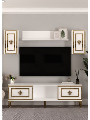 Demonte Decor 1404TV150DD-32 Tv Ünitesi Takımı, Sehpası Beyaz-Altın