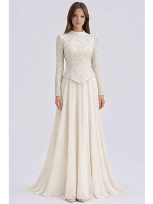 Olcay Boncuk ve Pul Desenli Şifon Kombinli Exclusive Tesettür Abiye Elbise Krem 1073