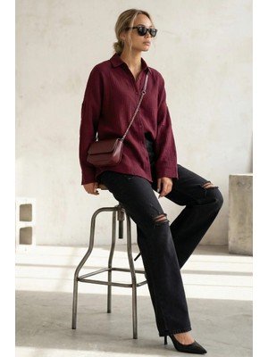 Madmext Bordo Muslin Kumaş Basic Kadın Gömlek MG1660