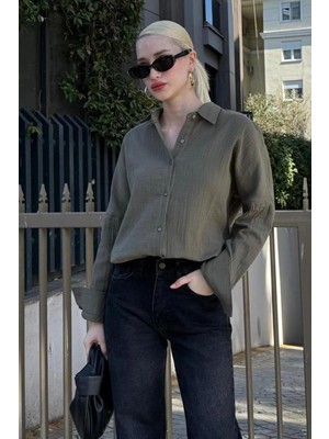 Madmext Haki Muslin Kumaş Basic Kadın Gömlek MG1660