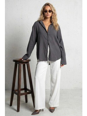 Madmext Antrasit Muslin Kumaş Basic Kadın Gömlek MG1660