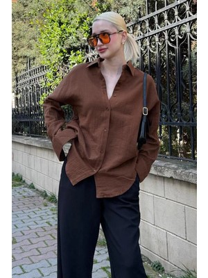 Madmext Kahverengi Muslin Kumaş Basic Kadın Gömlek MG1660
