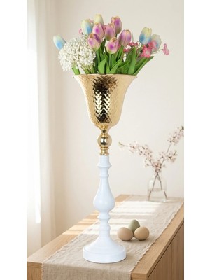 Decodelight Beyaz Yüksek Dekoratif Modern Metal Ayaklı Gold Toplu Gold Saksı Bahçe Teras Ev Çiçeklik Vazo Dekor