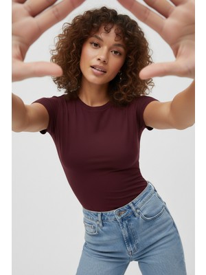 CHEISU Kadın Bordo Kısa Kollu Bisiklet Yaka Basic T-Shirt Likralı Süprem