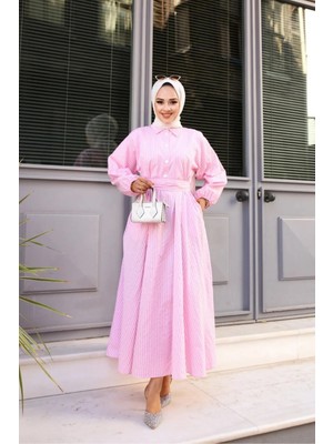 Tesettür Diyarı Bağlama Detaylı Çizgili Tesettür Elbise- Pembe