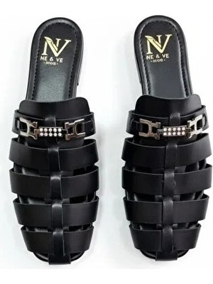 Ne&Ve Shoes Siyah Deri Aksesuar Detaylı Kadın Kare Burun Sabo Terlik