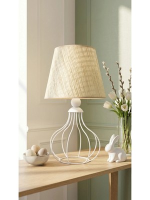 Decodelight Beyaz Ferforje Armut Model Metal Ayaklı Açık Krem Hazeran Kumaş Başlıklı Abajur Masa Lambası