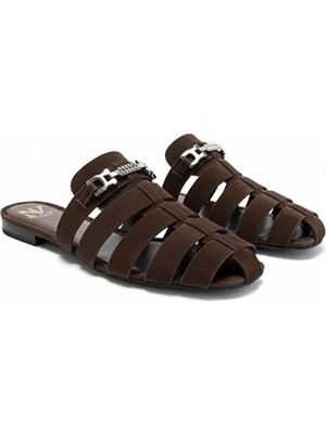 Ne&Ve Shoes Kahve Süet Aksesuar Detaylı Kadın Kare Burun Sabo Terlik