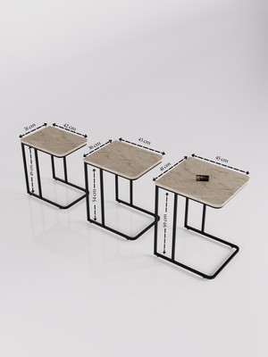 Gold Falez Zigon Sehpa 3'lü Tekerlekli Metal Ayaklı Yan Sehpa Traverten Ekru