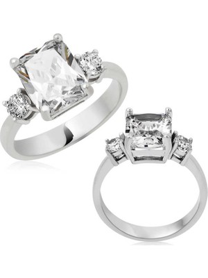Inure Jewelry Gümüş Kare Montür Üç Taş Kadın Yüzük
