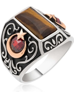 Inure Jewelry Gümüş Ay Yıldız Armalı Kedi Gözü Erkek Yüzük