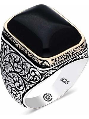 Inure Jewelry  Gümüş Desenli Siyah Zirkon Taşlı Kare Erkek Yüzük