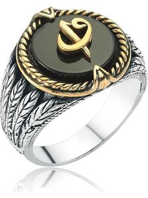 Inure Jewelry Gümüş Siyah Taşlı Elif Vav Erkek Yüzük