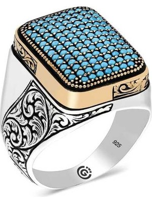 Inure Jewelry Gümüş Turkuaz Zirkon Taşlı Kare Erkek Yüzük