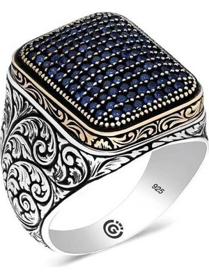Inure Jewelry Gümüş Lacivert Zirkon Taşlı Kare Erkek Yüzük