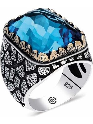Inure Jewelry Gümüş Desenli Zirkon Mavi Taşlı Kare Erkek Yüzük