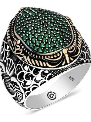 Inure Jewelry Gümüş Yeşil Zirkon Taşlı Oval Erkek Yüzük