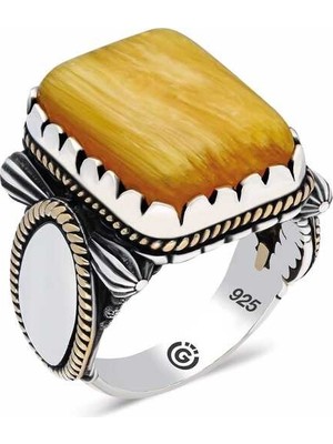 Inure Jewelry  Gümüş Sarı Sıkma Kehribar Taşlı Kare Erkek Yüzük