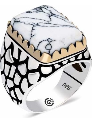 Inure Jewelry  Gümüş Desenli Beyaz Taşlı Köşeli Erkek Yüzük