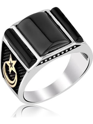 Inure Jewelry Gümüş Oniks Taşlı Ay Yıldız Armalı Yüzük