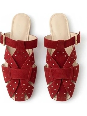 Ne&Ve Shoes Bordo Süet Pim Detaylı ve Tokalı Kadın Kare Burun Sabo Terlik