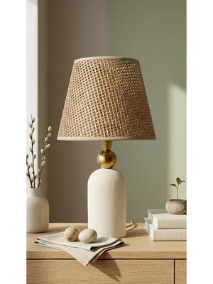 Decodelight Yimpi Dokulu Krem Boyalı Eskitme Toplu Metal Ayaklı 25 cm Rattan Kahverengi Şapkalı Modern Abajur
