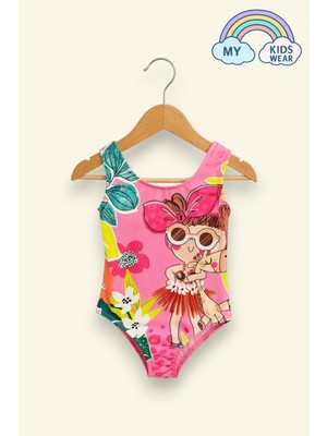 My Kids Wear Kız Çocuk Pembe Tropikal Desenli Sevimli Kız Figürlü Mayo 12688
