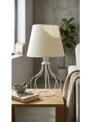 Decodelight Beyaz Ferforje Armut Model Metal Ayaklı Açık Krem Kumaş Başlıklı Abajur Masa Lambası