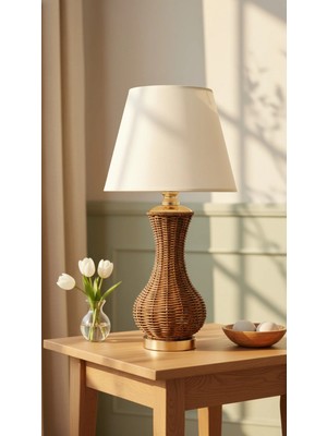 Decodelight Gold Ayak Kahverengi Hasır Rattan Örmeli Gövde Hazeran ve Kumaş Şapkalı Bohem Abajur Masa Lambası