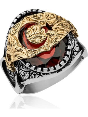 Inure Jewelry Gümüş Kırmızı Fasetli Taşlı Ay Yıldız Erkek Yüzük