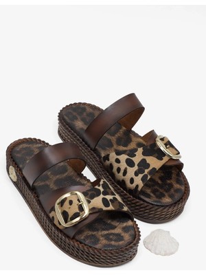 Tonny Black Kadın Taba Leopar Rahat Kalıp Tokalı Çapraz Terlik