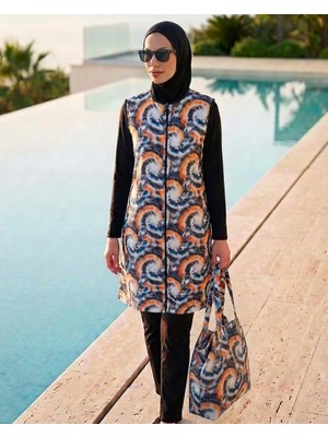 Plistre Kadın Geometrik Desen Tam Kapalı Su Itici 5 Parça Tesettür Havuz Deniz Mayo Seti -Plaj Çantası Hediyeli -2307