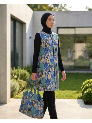 Plistre Kadın Geometrik Desen Tam Kapalı Su Itici 5 Parça Tesettür Havuz Deniz Mayo Seti -Plaj Çantası Hediyeli -2307