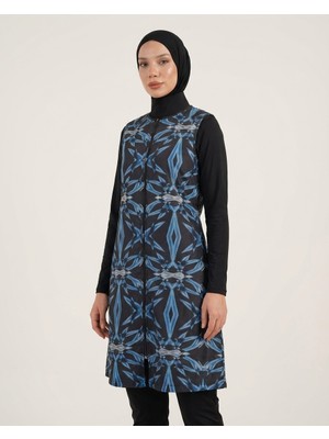 Plistre Kadın Geometrik Desen Tam Kapalı Su Itici 5 Parça Tesettür Havuz Deniz Mayo Seti -Plaj Çantası Hediyeli -2307