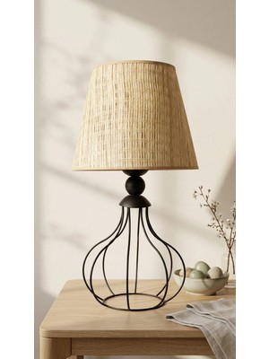 Decodelight Siyah Ferforje Armut Model Metal Ayaklı Bambu Kumaş Başlıklı Abajur Masa Lambası