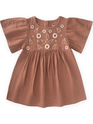 Cigit Çiçek Nakışlı Kelebek Kol Elbise 2-8 Yaş Açık Kahve