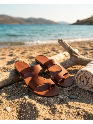 Türkbükü Sandalet Hakiki Deri Geometrik Kesim Minimalist Bodrum Sandaleti - 136K Taba