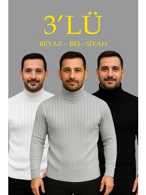 Alfanora Erkek Fitilli Kazak Tam Boğazlı Balıkçı Yaka Triko 3'lü Set Beyaz-Gri-Siyah