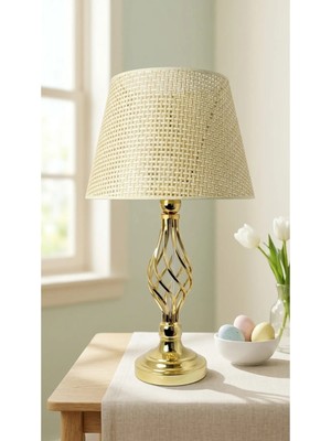 Decodelight Gold Kaplama Burgulu Toplu Metal Ayaklı 30'luk Açık Krem Hazeran Kumaş Şapkalı Abajur Masa Lambası