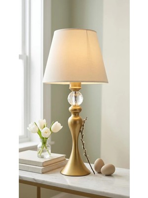 Decodelight Eskitme Şahmeran Metal Yüksek Ayaklı Kristal Taşlı Açık Krem Kumaş Şapkalı Abajur Lambası