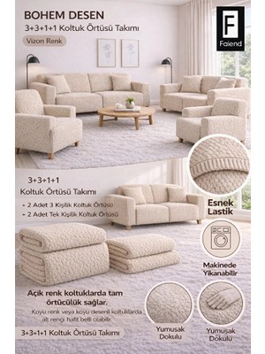 riselerhome faiend Bohem Desen Jakarlı 3 3 1 1 Lastikli Kanepe Örtüsü | Lastikli Koltuk Örtüsü | Koltuk Kılıfı Takımı