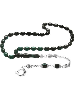 Tesbihane Ayyıldız Kararmaz Metal Püsküllü Arpa Kesim Süzme Turkuaz-Siyah Ateş Kehribar Tesbih