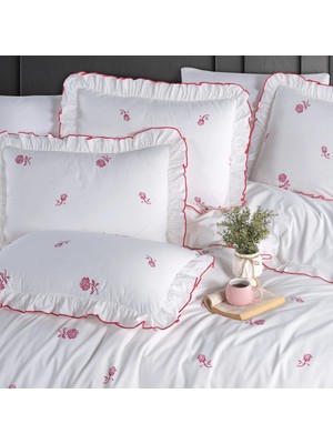 Garden Room Tek Kişilik Rose Kırmızı Fırfırlı Süs Dikişli Nevresim Seti Ekru Organik Pamuk